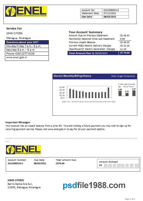 Nicaragua Nicaraguan Electricity Company ENEL Electricity Utility Bill